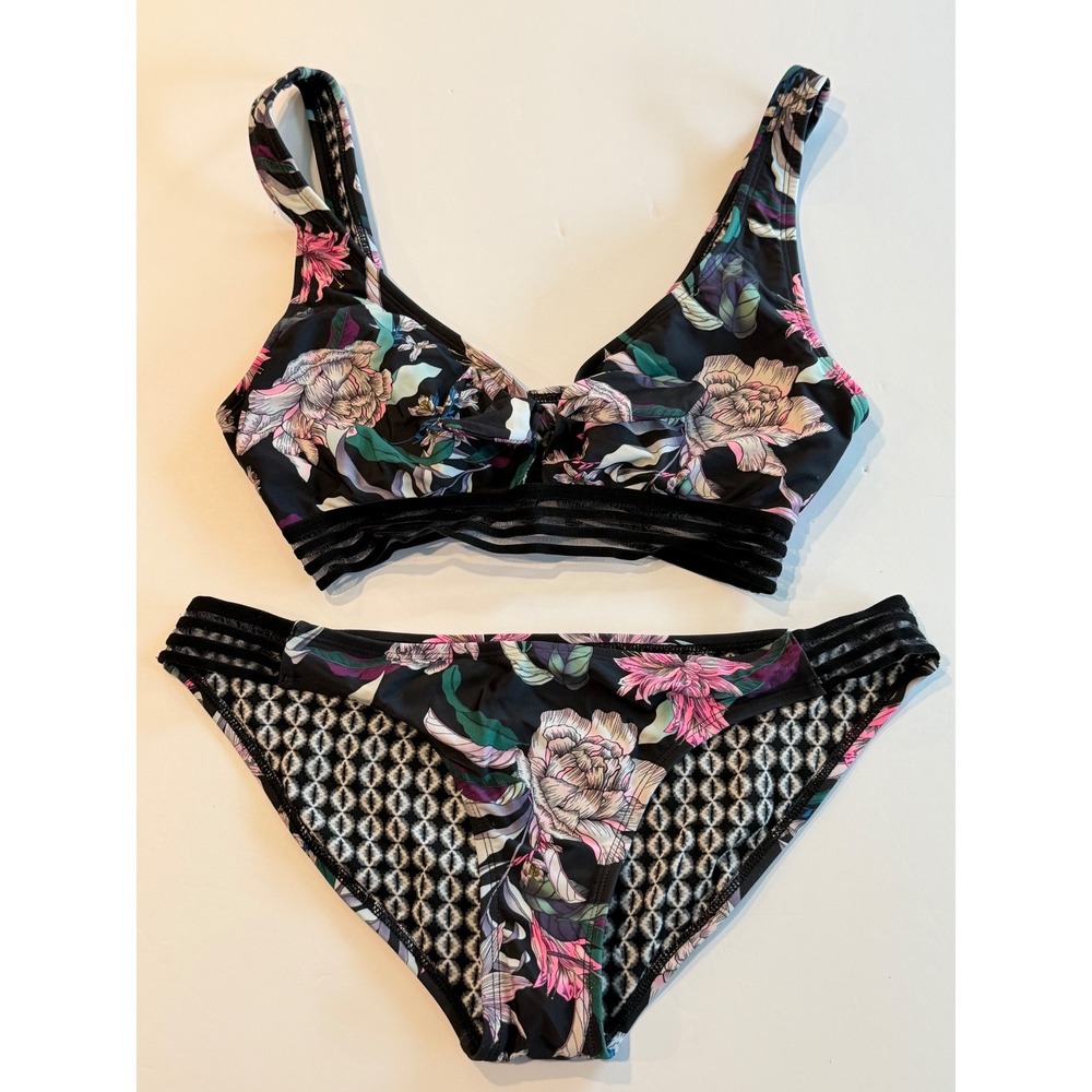 Body‎ Glove Womens Floral Mesh Bralette Bikini Set Black Pink Medium